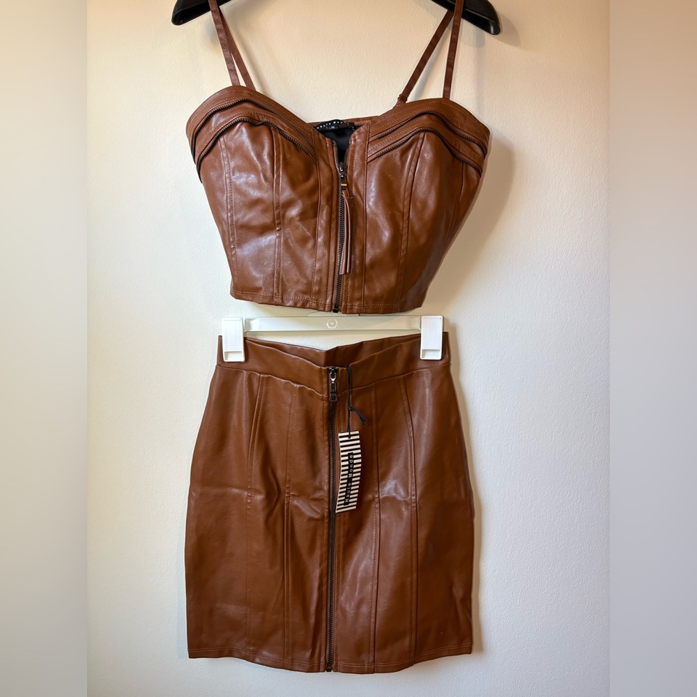 Haute Monde Brown Faux Leather Skirt Set